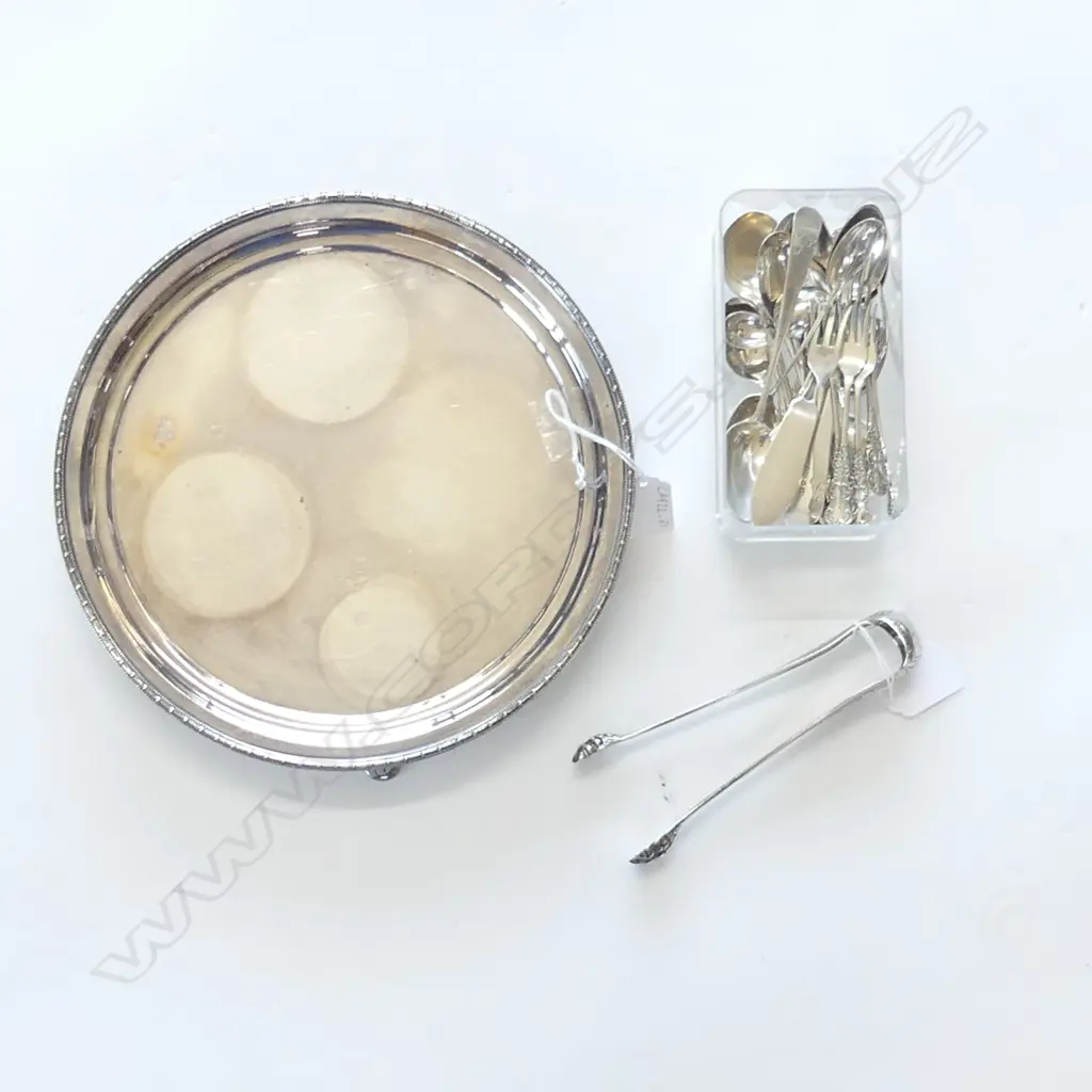 ASST CUTLERY; SILVER  & SILVER PLATE TRAY PR SILVER TONGS Image 1++