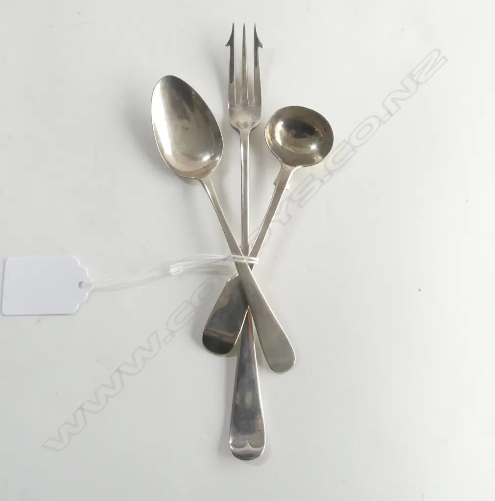 3 SILVER CUTLERY PCES: PICKLE FORK Sheffield 1913 + mustard spoon L.1888 + teaspoon L.1806. 56gms   Image 1++