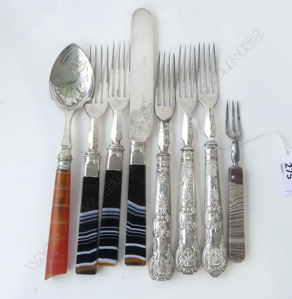 ASST VINTAGE FRUIT KNVES/FORKS, 5 AGATE HANDLED, 3 SILVER HANDLED Image 1++