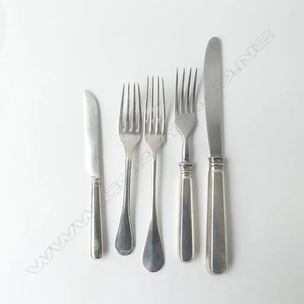 5 PCS MONOGRAMMED CONTINENTAL SILVER CUTLERY, 2 RUSSIAN Image 1++