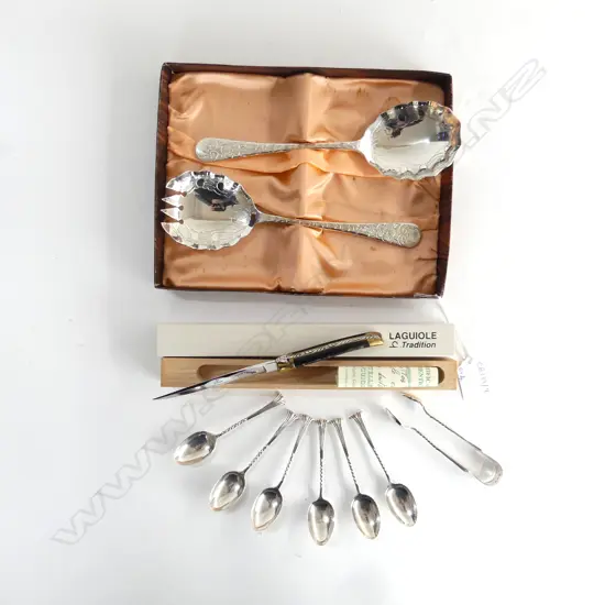 6 STG SILVER TEASPOONS + TONGS 84gms + PR EP SERVING SPOONS & LAGUIOLE KNIFE, BOTH BOXED