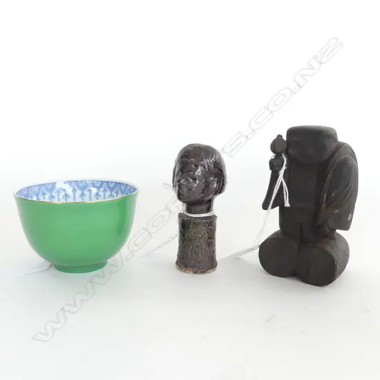 3 PC; CERAMIC HEAD H.90mm, JAPANESE CARVED CEDAR FIGURE, H.100mm & TACHIKOSHI TSUKOMI RICE BOWL 1960