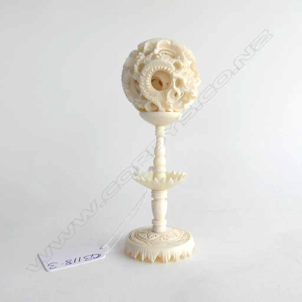 VINTAGE CHINESE CARVED IVORY PUZZLE BALL ON STAND at least 5 layers H.118mm Image 1++