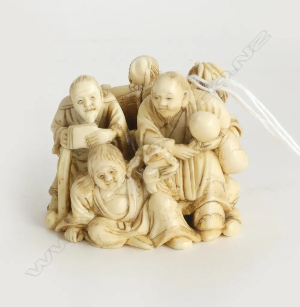 OLD JAPANESE CARVED IVORY FIGURE GROUP 5 GODS  faulted missing hand. Signed Image 1++