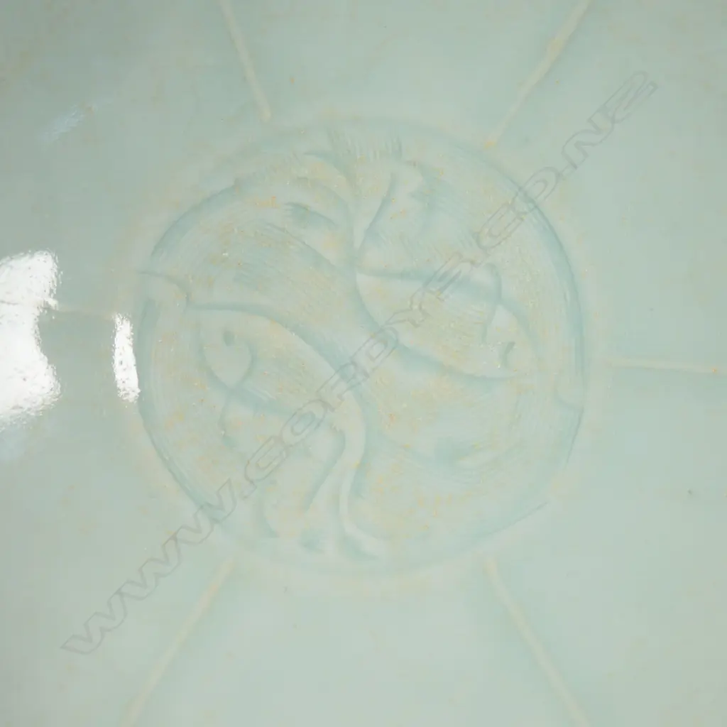 CHINESE FINE PORCELAIN (EGG SHELL-TYPE) PALE GREEN TWIN FISH LOTUS FORM BOWL, SM CHIP TO BASE, DIA.220mm, QING STYLE? Image 1++