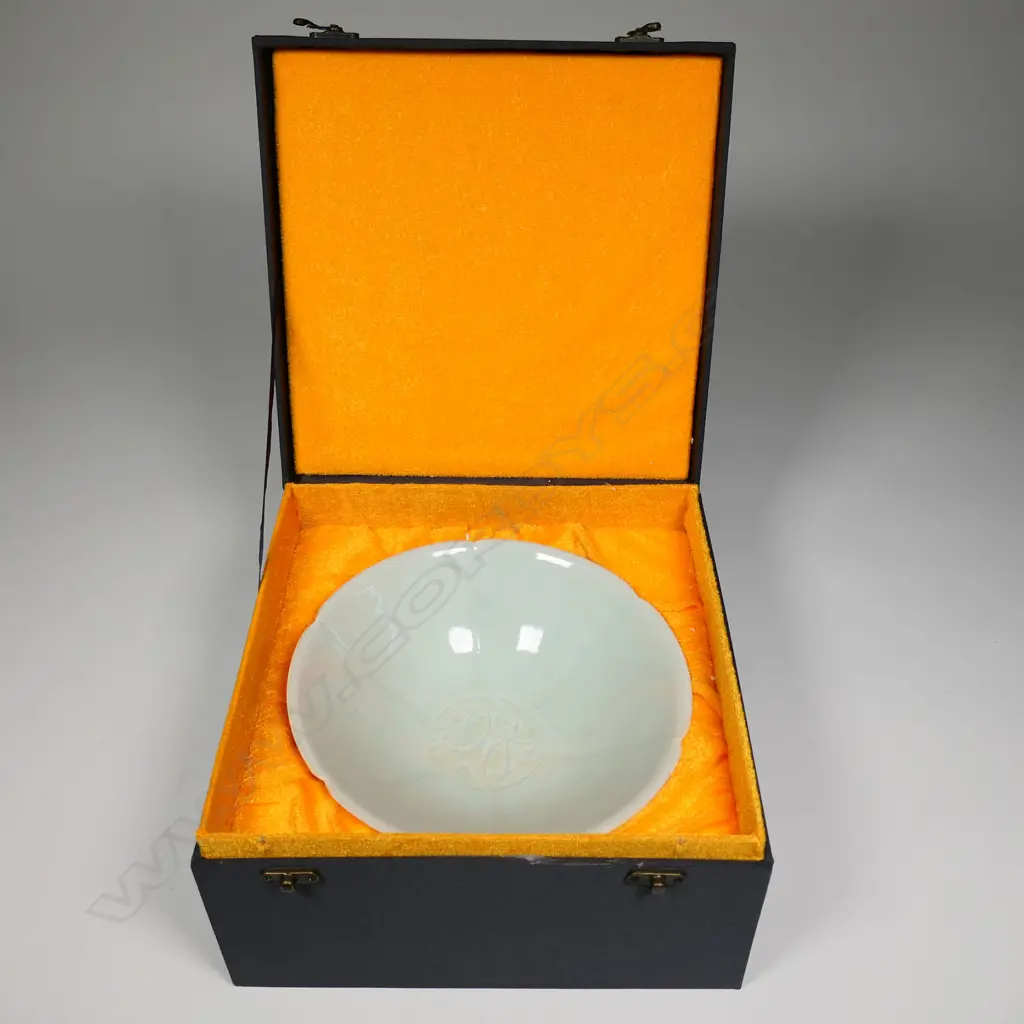 CHINESE FINE PORCELAIN (EGG SHELL-TYPE) PALE GREEN TWIN FISH LOTUS FORM BOWL, SM CHIP TO BASE, DIA.220mm, QING STYLE? Image 1++
