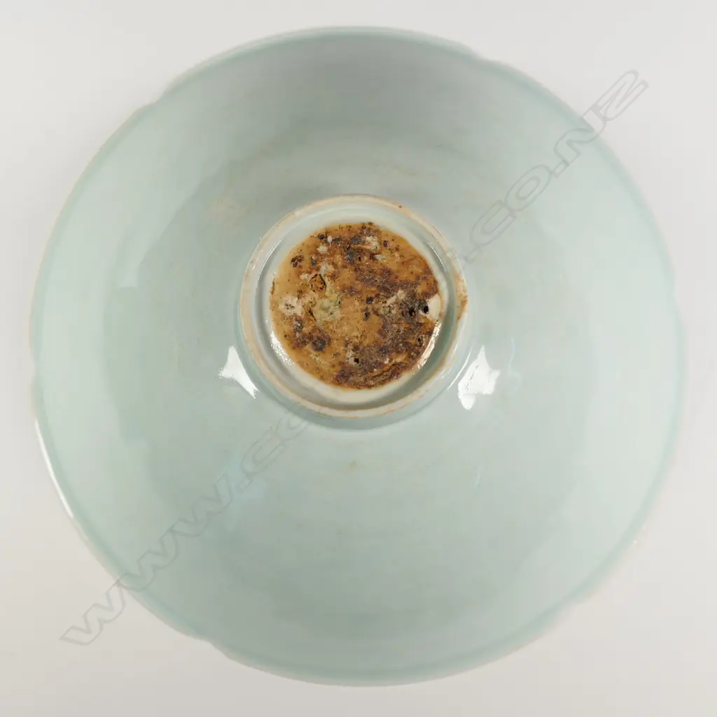 CHINESE FINE PORCELAIN (EGG SHELL-TYPE) PALE GREEN TWIN FISH LOTUS FORM BOWL, SM CHIP TO BASE, DIA.220mm, QING STYLE? Image 1++