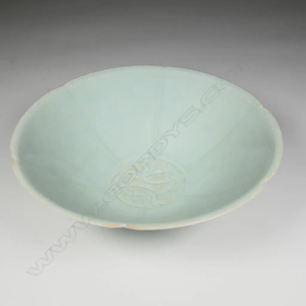 CHINESE FINE PORCELAIN (EGG SHELL-TYPE) PALE GREEN TWIN FISH LOTUS FORM BOWL, SM CHIP TO BASE, DIA.220mm, QING STYLE? Image 1++