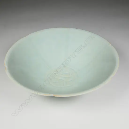 CHINESE FINE PORCELAIN (EGG SHELL-TYPE) PALE GREEN TWIN FISH LOTUS FORM BOWL, SM CHIP TO BASE, DIA.220mm, QING STYLE?