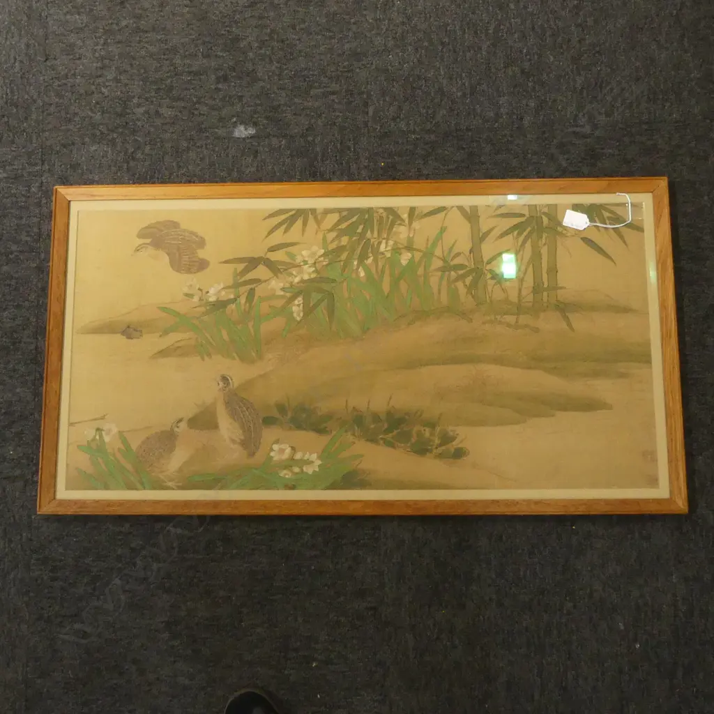 OLD CHINESE WC ON FABRIC, QUAILS IN BAMBOO 410x830mm Image 1++