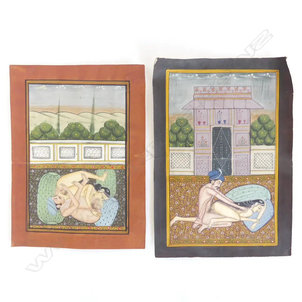 2 VINTAGE INDIAN EROTIC FINE WATERCOLOUR PAINTINGS of couples in courtyard scenes  250 x 175mm Image 1++