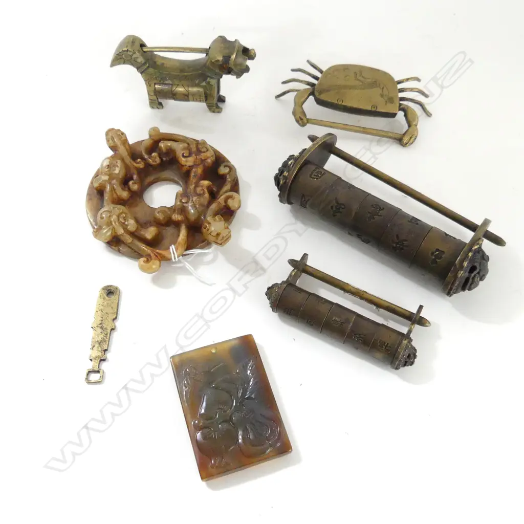 4 ORIENTAL COMBINATION LOCKS + CARVED STONE PENDANT 60x40mm & DISK 90mm dia Image 1++