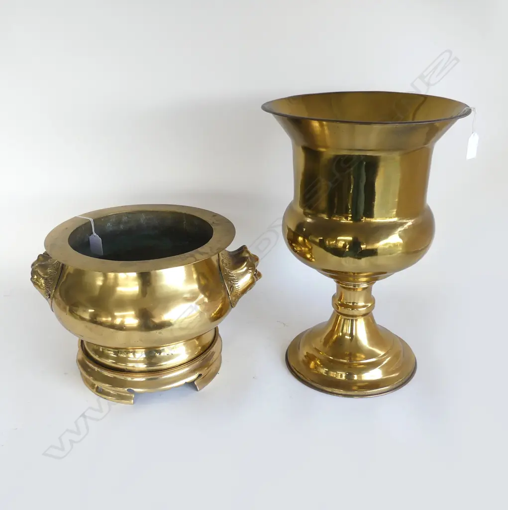 Chinese brass pot on stand and brass urn Image 1++