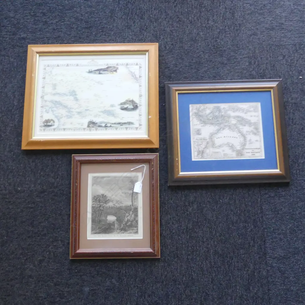 3 framed EARLY NZ VIEWS: ENGRAVED MAP 1830 NEW HOLLAND + engraving from Cook's Voyages 'Vue d'un Rocher..' + litho map.. Image 1++