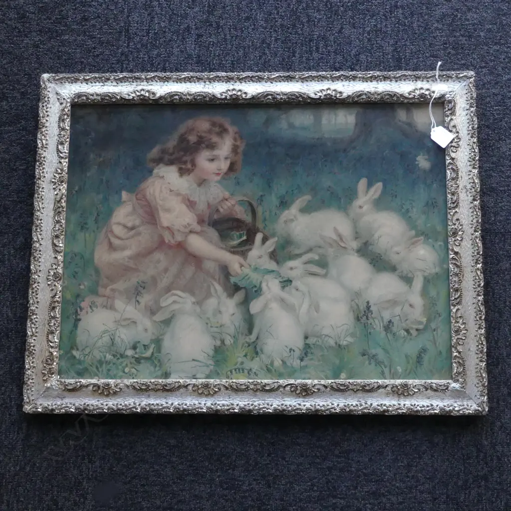 SILVER GILT FRAMED PEARS PRINT GIRL FEEDING BUNNYS H540 L730MM Image 1++