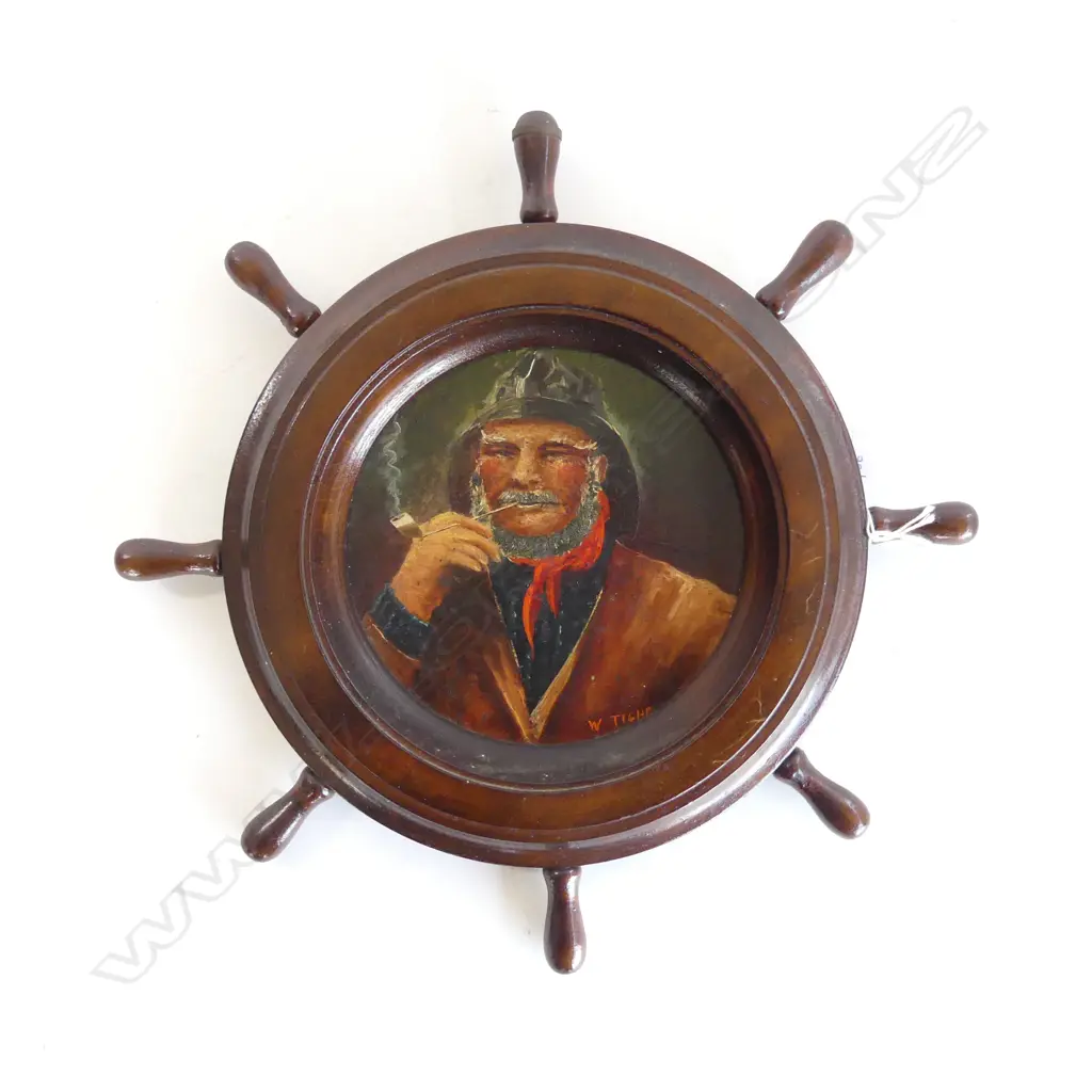 VINTAGE OIL SEAMAN WITH PIPE SHIP WHEEL FRAME SIGNED W TIGHE DIA 310MM Image 1++