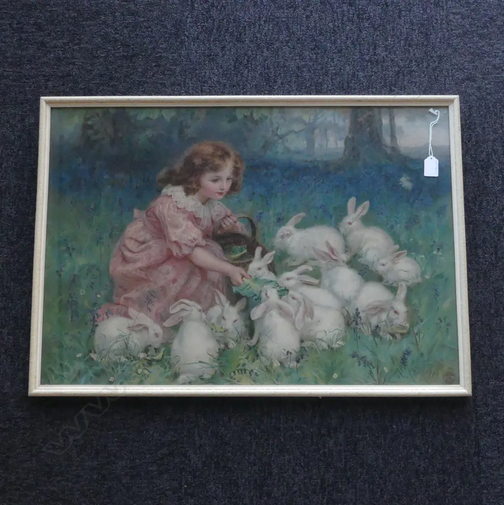PEARS PRINT GIRL FEEDING BUNNYS H530 L750MM Image 1++
