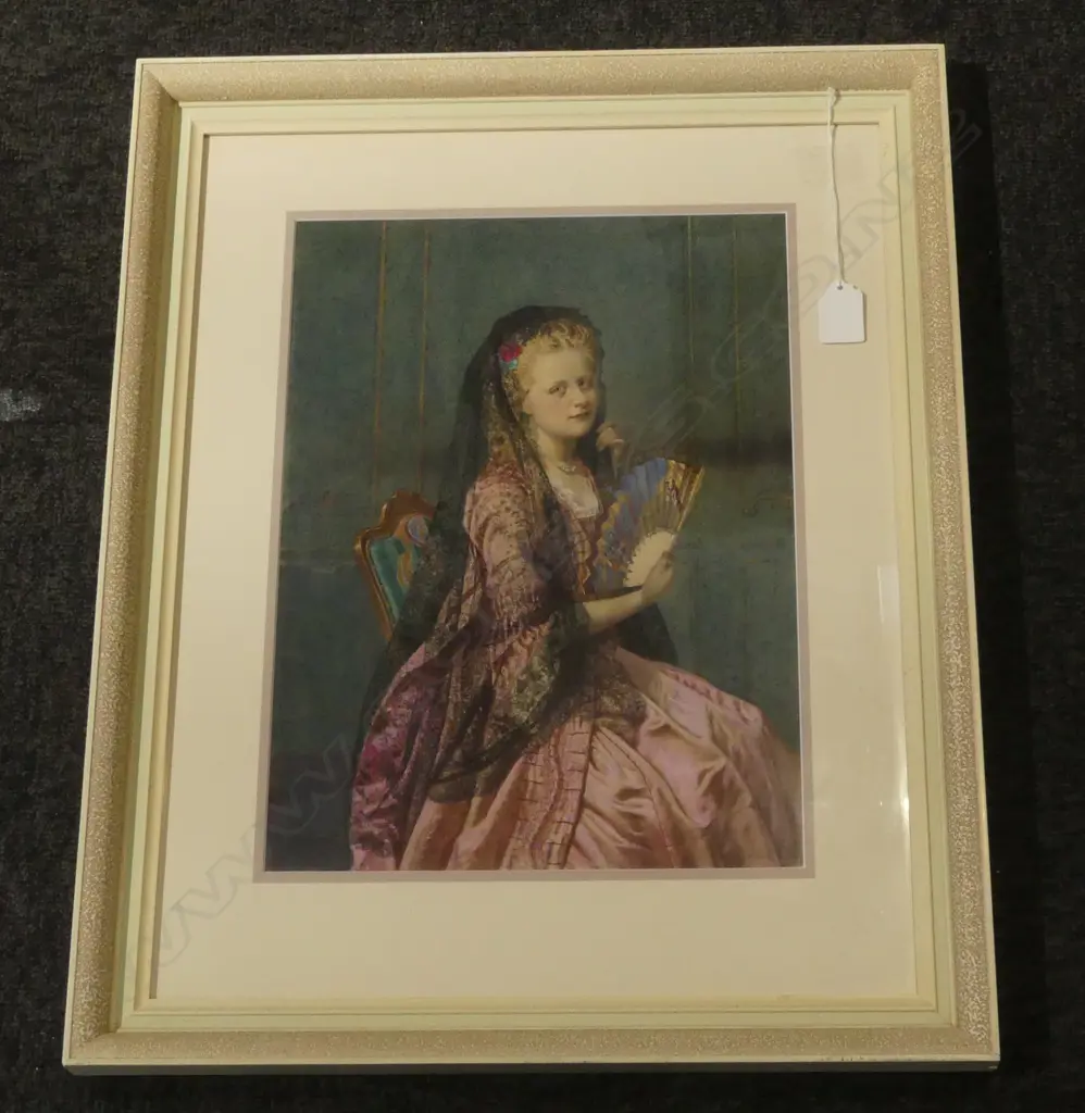 18thC STYLE LADY w. FAN, PRINT 365x270mm Image 1++