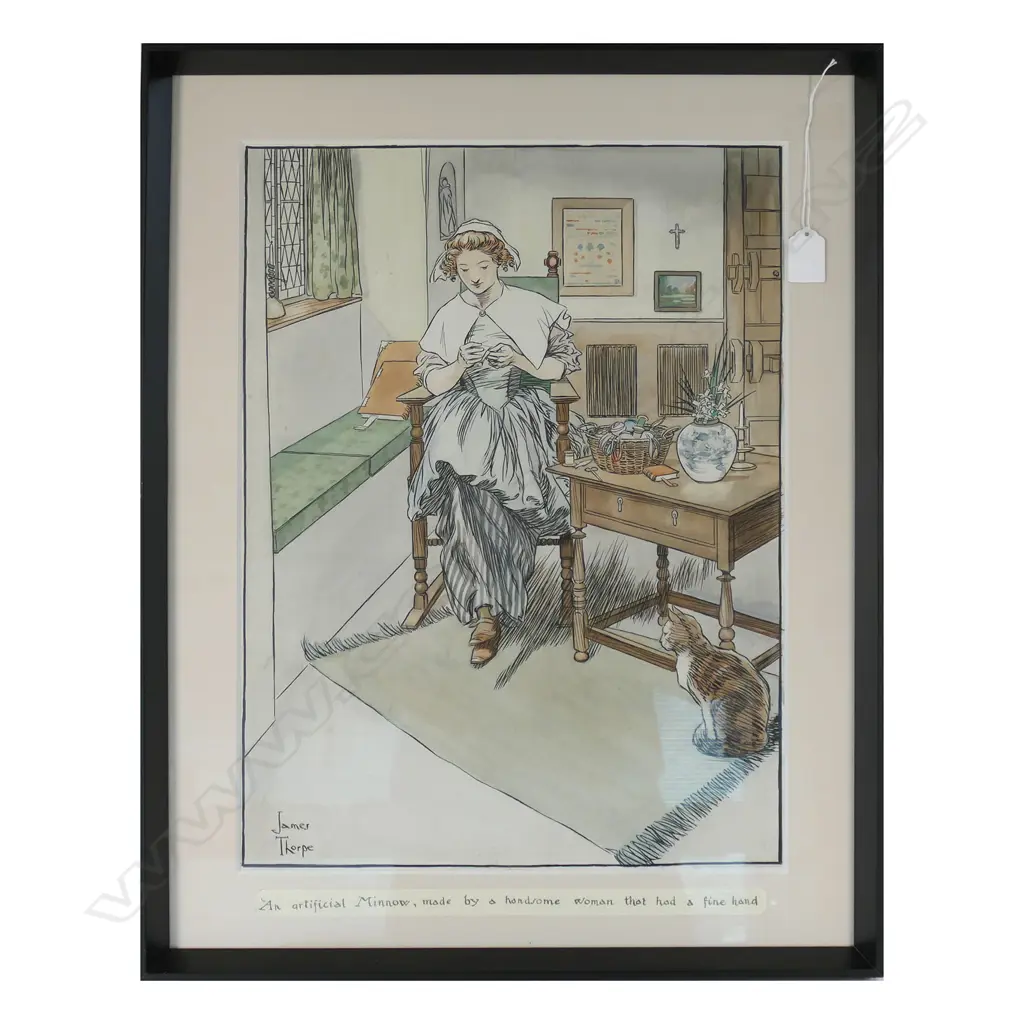 JAMES THORPE (1876-1949) 'AN ARTIFICIAL MINNOW, MADE BY A HANDSOME WOMAN...', HAND-COLOURED LITHOGRAPH, 480 x 360mm Image 1++