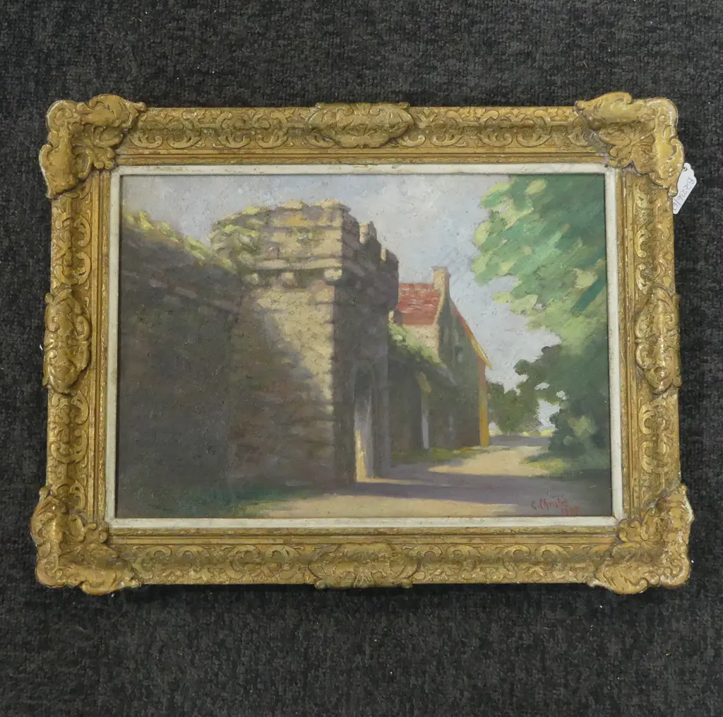 C. CHRISTIE, CASTELLATED WALL, OIL ON CANVAS 1929 240x340mm Image 1++