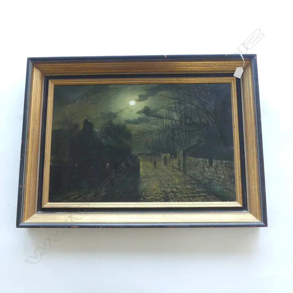 19thC OIL PAINTING ON CANVAS BY WALTER EGAN ? detailed verso MOONLIT STREET SCENE 390 X 590mm Image 1++