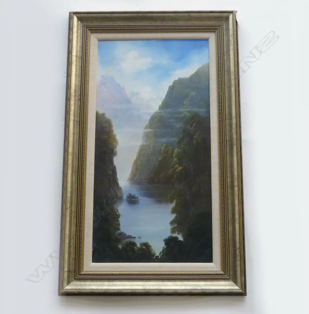ROBERT WOOD,"NANCY SOUND I" FIORDLAND LANDSCAPE,OIL ON BOARD, SIGNED, 600 X 300mm Image 1++