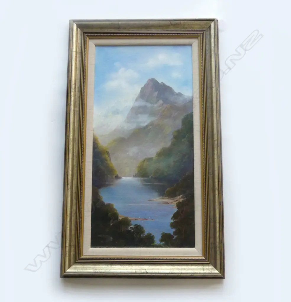 ROBERT WOOD,"NANCY SOUND II" FIORDLAND LANDSCAPE,OIL ON BOARD, SIGNED, 600 X 300mm Image 1++