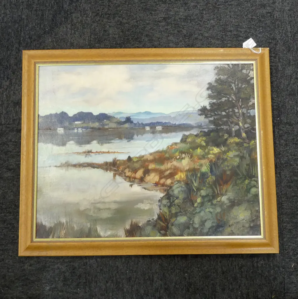 RONA ALEXANDER, RIVER SCENE, OIL ON BOARD 440x560mm Image 1++