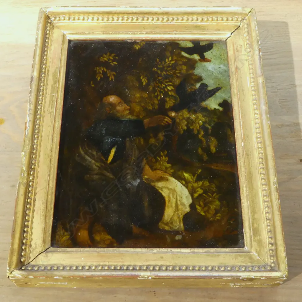 ANTIQUE OIL ON CANVAS DEPICTING ELIJAH FED BY RAVENS 165x125mm... Image 1++