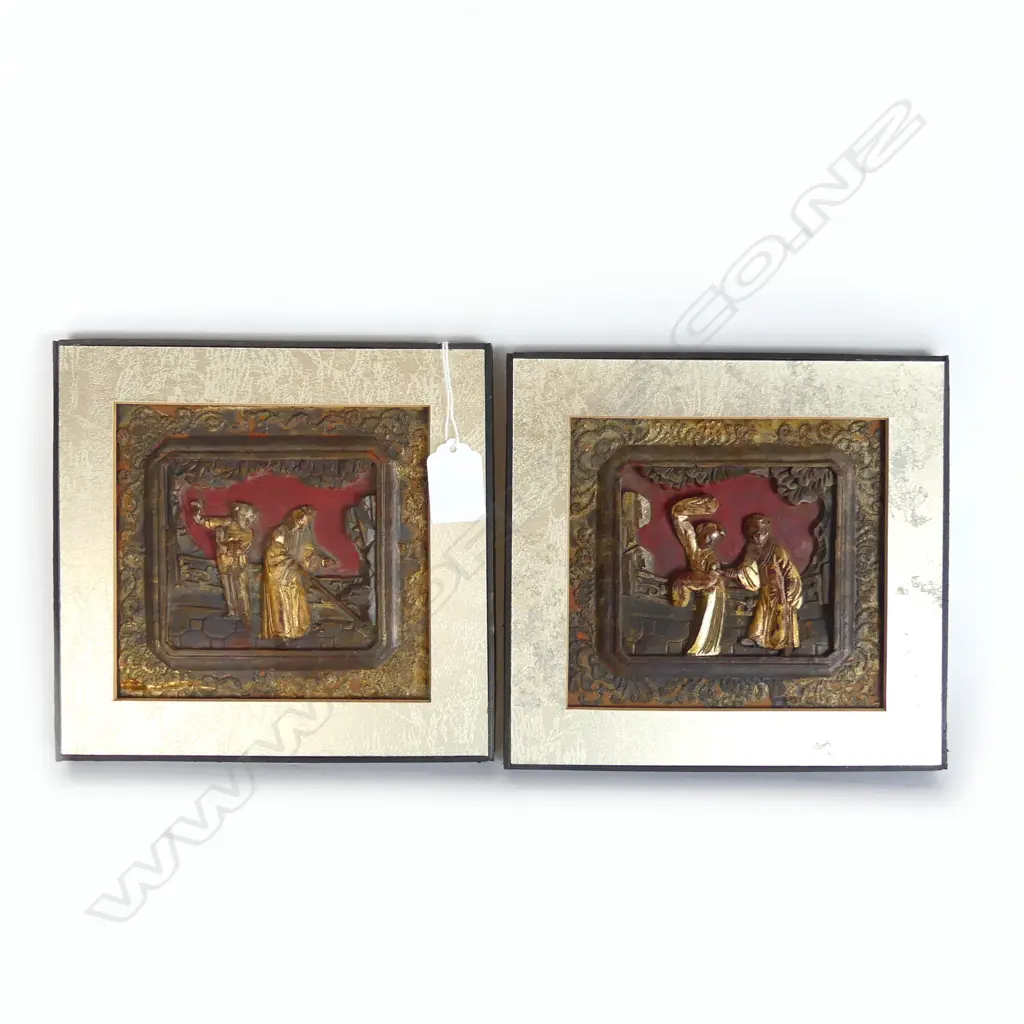 *RTV* PR VINTAGE CHINESE LACQUERED CARVED & GILDED PANELS FRAMED 185 X 185mm Image 1++