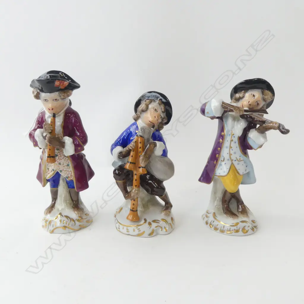 3 GERMAN Sitzendorf PORCELAIN MONKEY BAND MUSCIAN FIGURES H.130mm tallest. clarinet. bagpipes.Violin  Image 1++