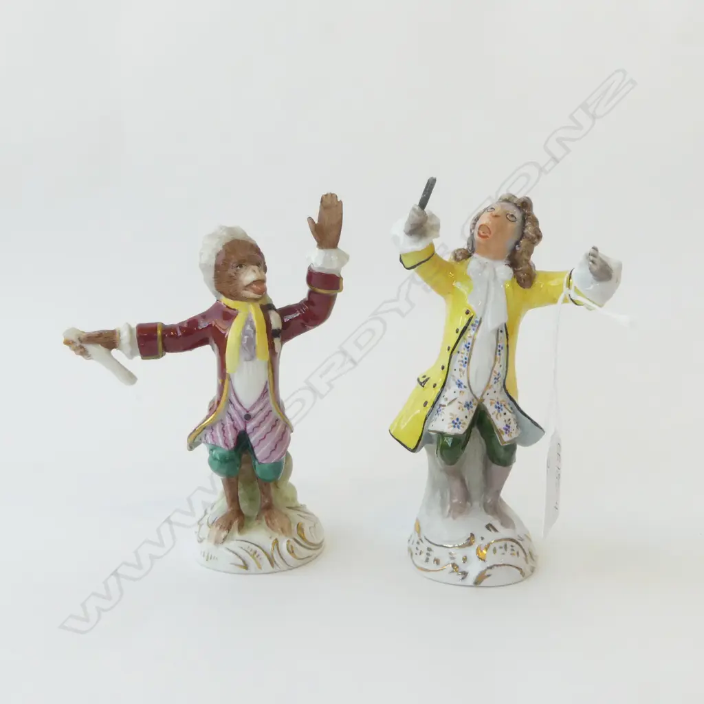 2 GERMAN PORCELAIN MONKEY BAND CONDUCTORS. 1x Sitzendorf + 1X Dresden. minor faults Image 1++