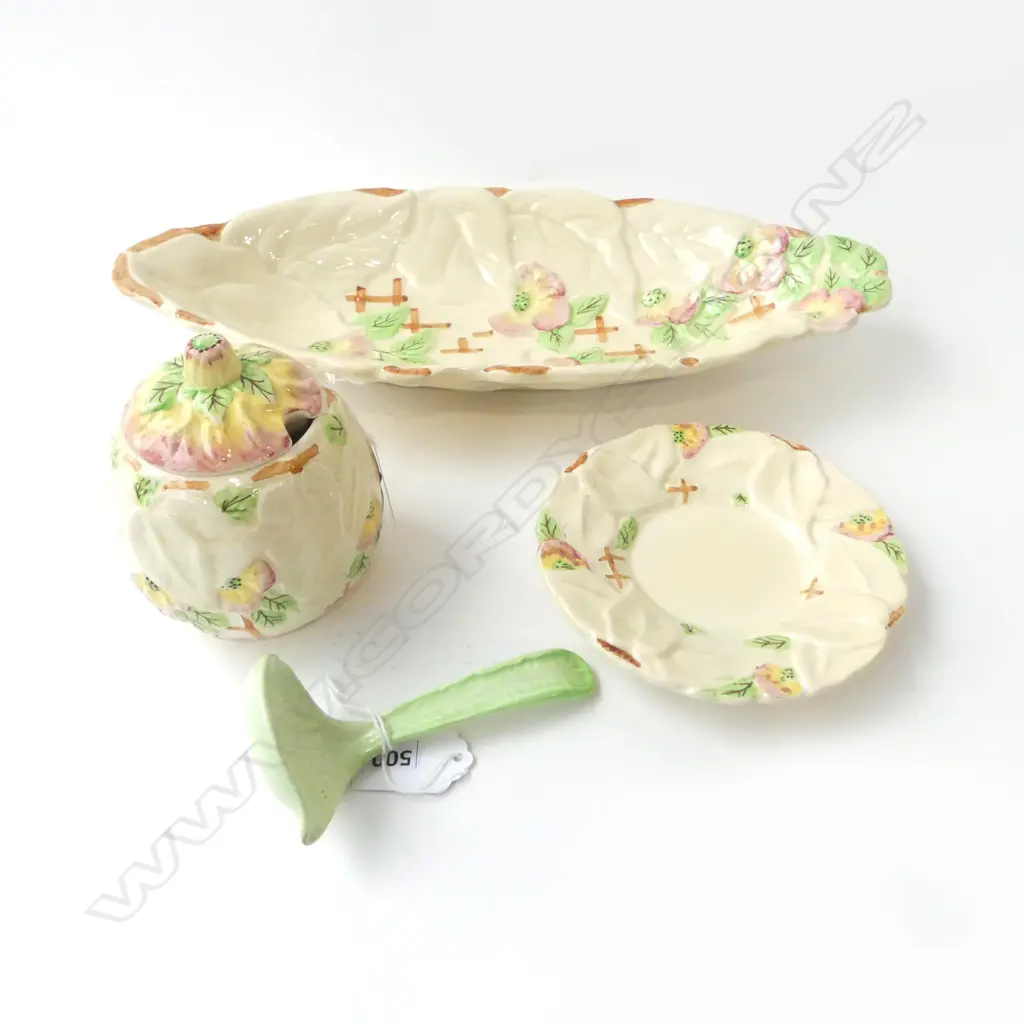 3 PCS STAFFORDSHIRE 'BEECH' LIDDED JAR ON DISH, OVAL PLATE & CARLTONWARE SPOON Image 1++