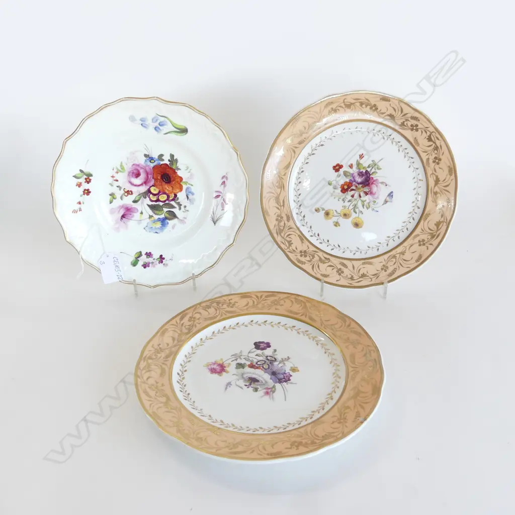 3 VICTORIAN PORCELAIN H/PAINTED FLORAL PLATES: 1 COALPORT + 1 cracked & repaired Image 1++