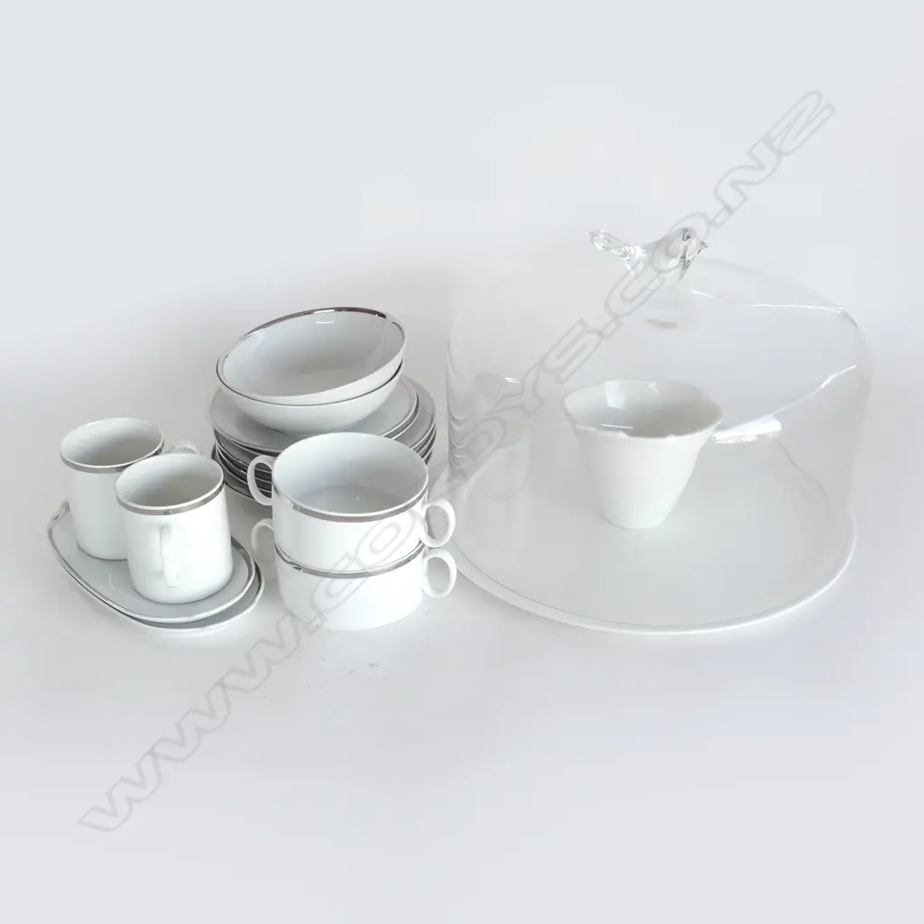 14 PC THOMAS GERMANY 2 PERSON BREAKFAST SETTING, WHITE/SILVER & GLASS TOPPED CAKE STAND PEDESTAL NEEDS REATTACHING Image 1++