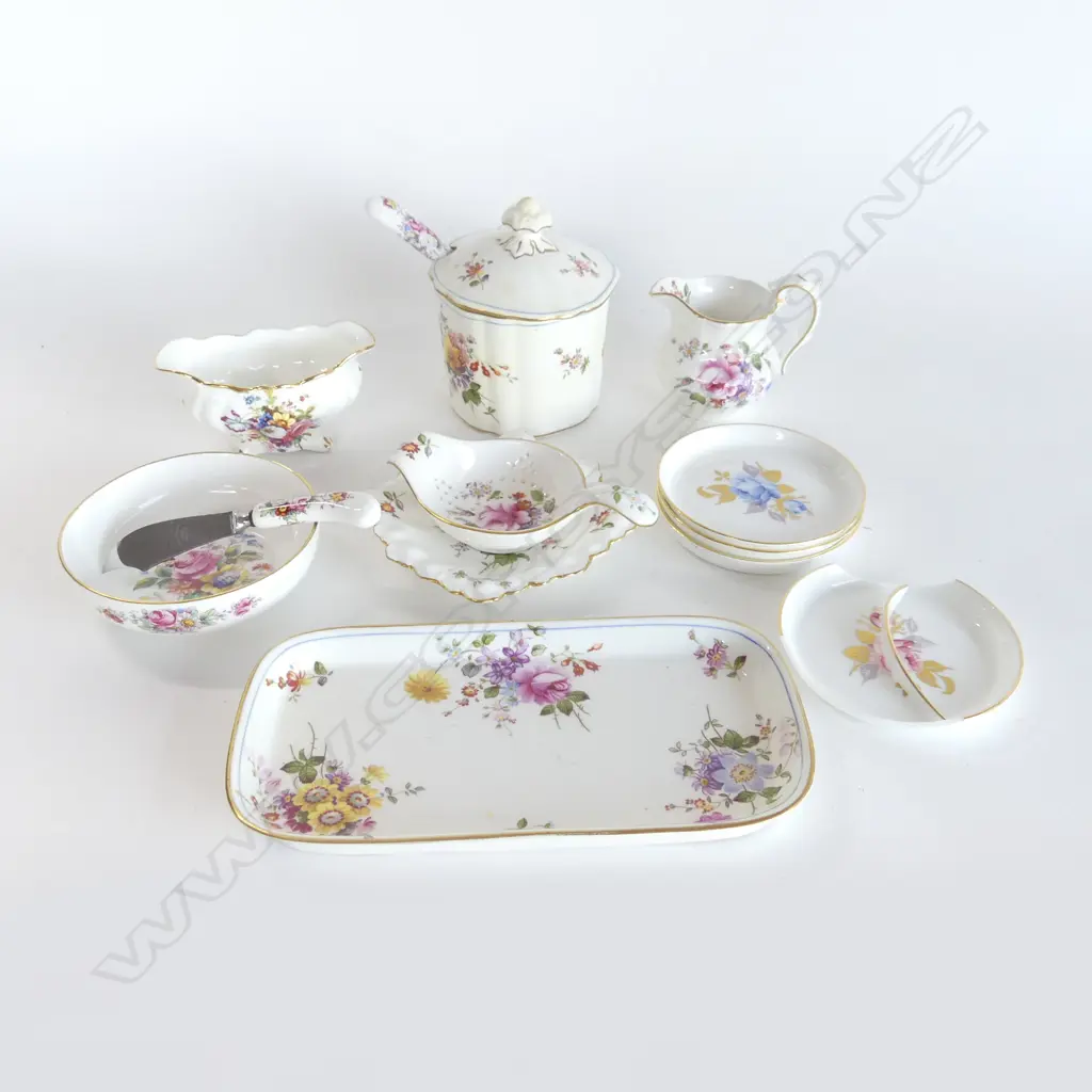 13 SMALL PIECES ROYAL CROWN DERBY POSIES CHINA: lidded preserve pot. tea strainer. dishes. Etc Image 1++