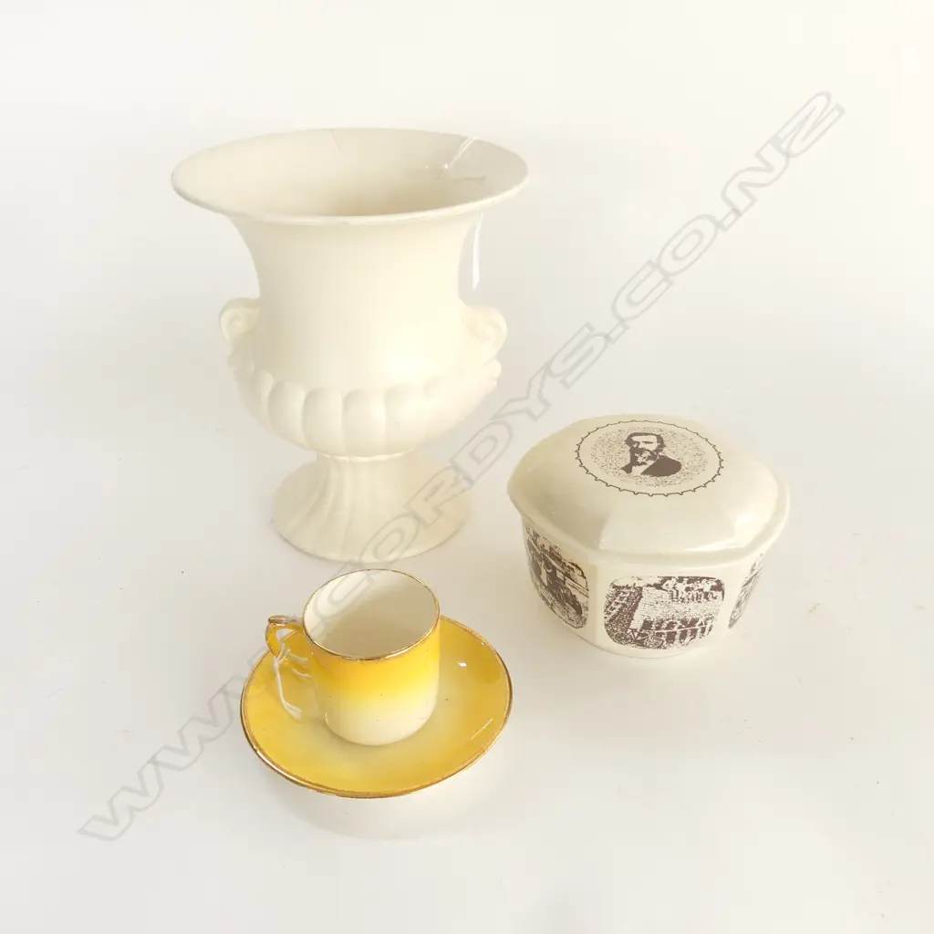 3 CROWN LYNN ITEMS,  MOULDED CAMPANA VASE 2 HAIRLINES H.200mm,1979  50TH ANNIVERSARY LIDDED CONTAINER & CUP & SAUCER Image 1++