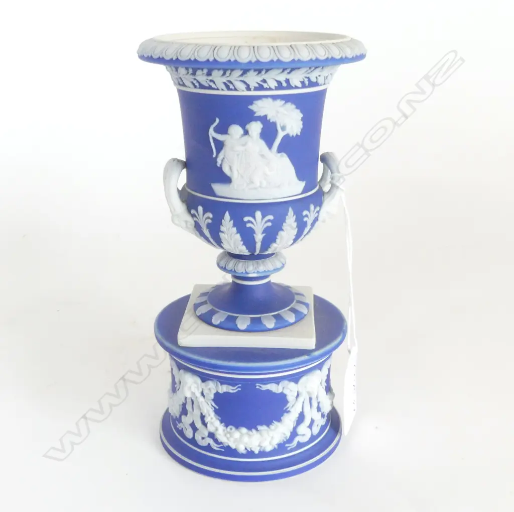 19thC WEDGWOOD BLUE JASPER WARE CLASSICAL URN ON DRUM FORM PLINTH empressed marks to base. H.165mm Image 1++