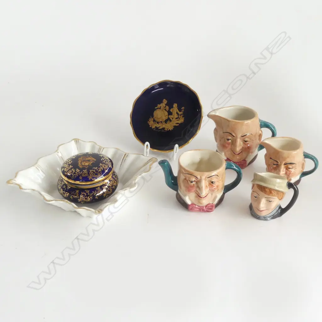 COLLECTION SM VINTAGE ITEMS, 4 ROYAL DOULTON TOBYS, 2 LIMOGES, ROYAL ALBERT PIN DISH Image 1++
