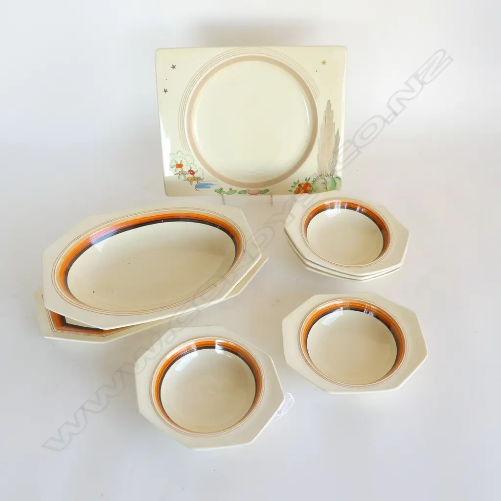 8 PCES CLARICE CLIFF; 7 BIZARRE + THE BIARRITZ RECTANGULAR PLATE 210x265mm Image 1++