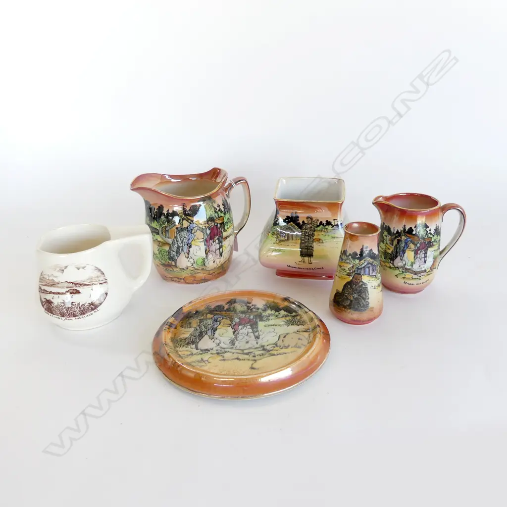 5 PCS GRIMWADES 'MAORI WARE' ( all faulted except jug ) & VINTAGE SHAVING MUG w Auckland scene Image 1++