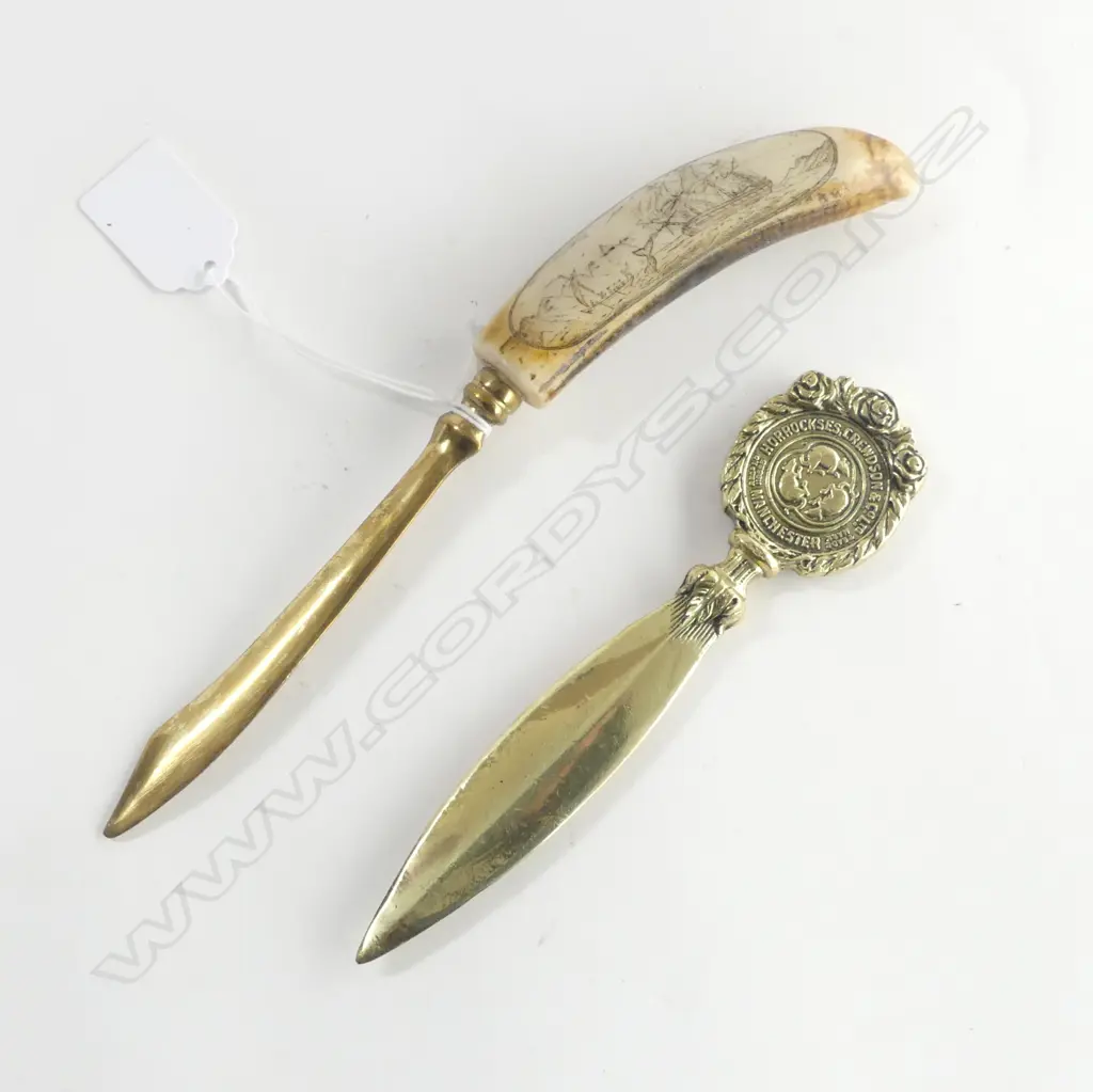 TWO BRASS LETTER OPENERS ONE WITH RESIN AND FAUX SCRIMSHAW Image 1++