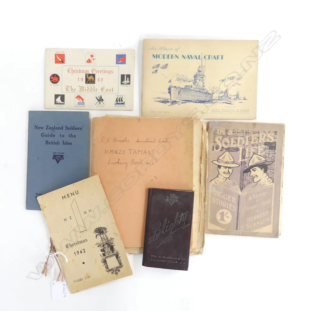 ASST. NZ WWII ITEMS INCL. HAND WRITTEN COOKERY BOOK EX. H.M.N.Z.S. TAMAKI, NZ YMCA 'BLIGHTY' BOOKLET ETC Image 1++