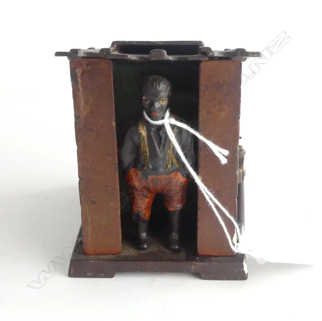 CAST IRON MONEY BANK, 1885 J E STEVENS AS A CABIN. 70X110X90mm Image 1++