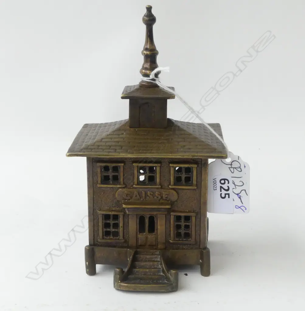 CAST IRON MONEY BANK c.1900 AS FRENCH BUILDING w. PAGODA TYPE ROOF, GILT FINISH. 90X70X160mm Image 1++