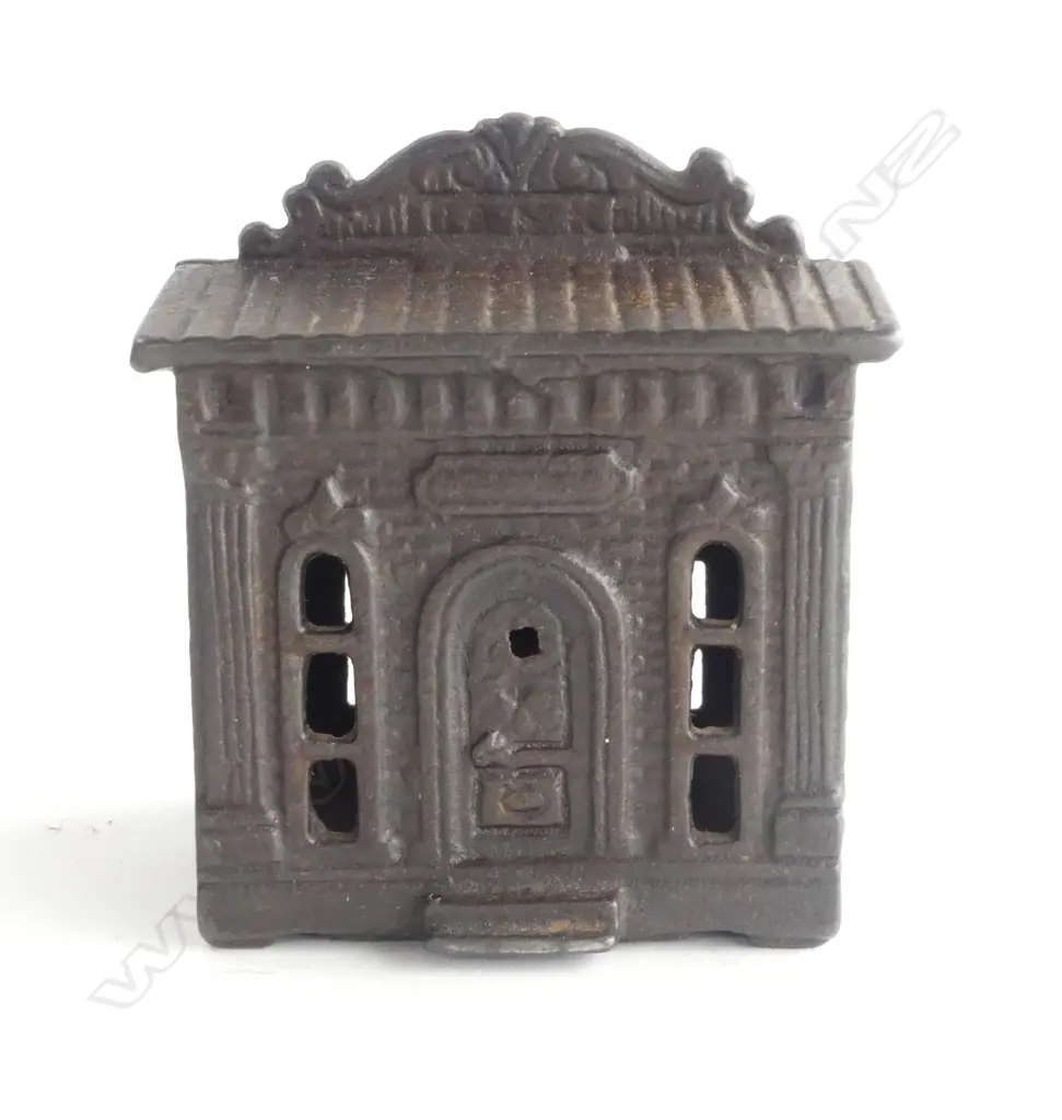 CAST IRON MONEY BANK c.1900, AS BANK WITH PILLASTERS. 70X60X80mm  Image 1++