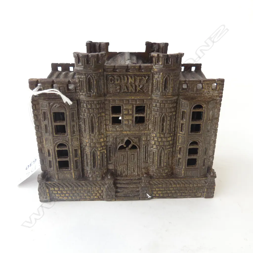 CAST IRON MONEY BANK ,c.1900, AS ENGLISH CASTLE RD N0- 180427. 130X70X110mm Image 1++