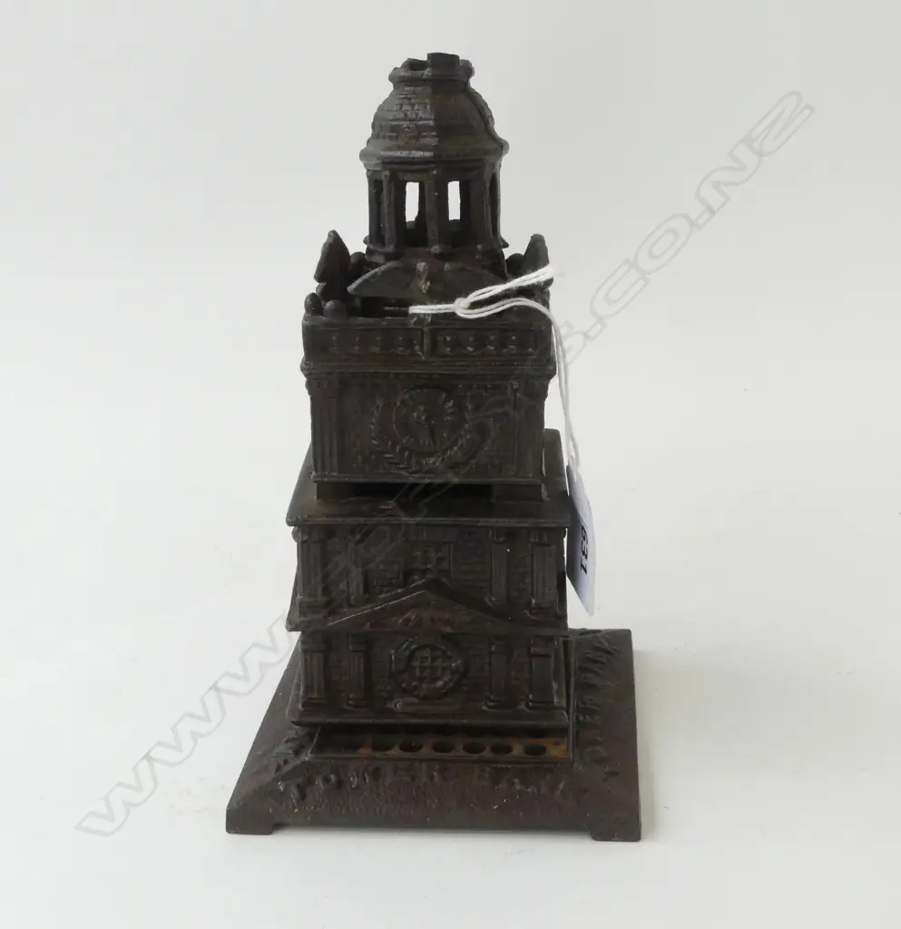 CAST IRON MONEY BANK, c.1900, AS CLOCK MONUMENT 'TOWER BANK'. 955X95X180mm Image 1++