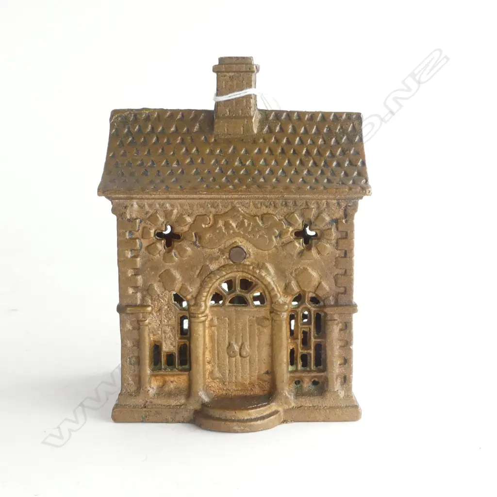CAST IRON MONEY BANK, c.1900, AS OLD BANK , GILT FINISH, COTTAGE STYLE. 90X70X130mm Image 1++