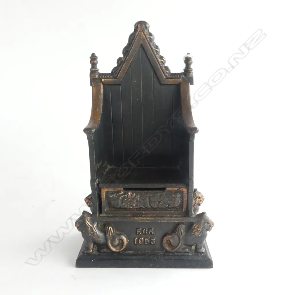 CAST IRON MONEY BANK, AS THE QUEENS CORONATION THRONE 1953, 'HARPER' MAKER RD APPLIED FOR, 115X70X220 Image 1++